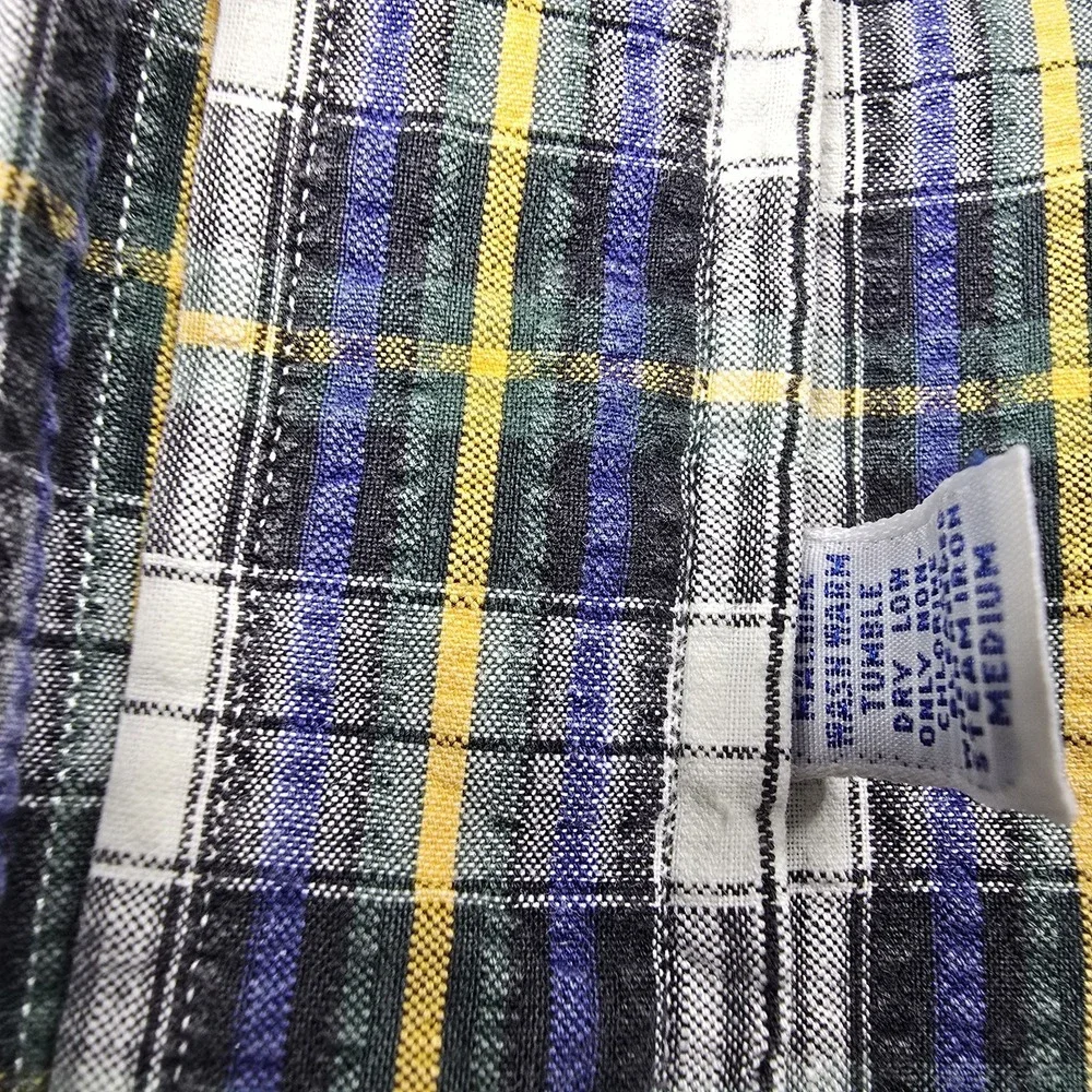 VTG POLO RALPH LAUREN Men L Plaid SEERSUCKER Button-Up‎ Shirt GREEN PONY Golf